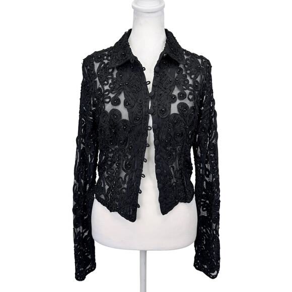 Vintage 90s CACHE Black Sheer Mesh Beaded Jacket Womens L Cropped Embellished - Picture 3 of 13